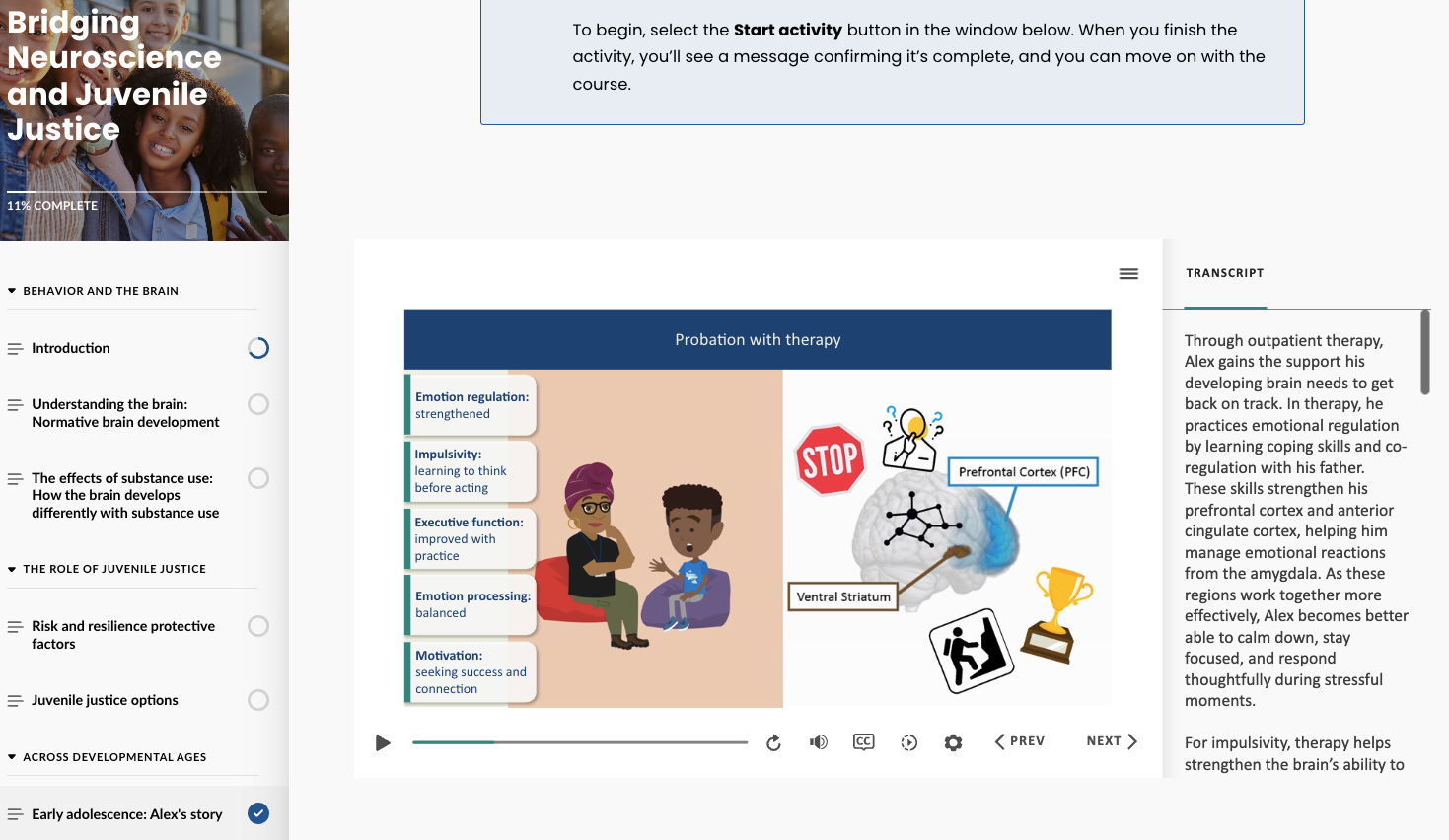 Screenshot of the Bridging Neuroscience and Juvenile Justice digital module
